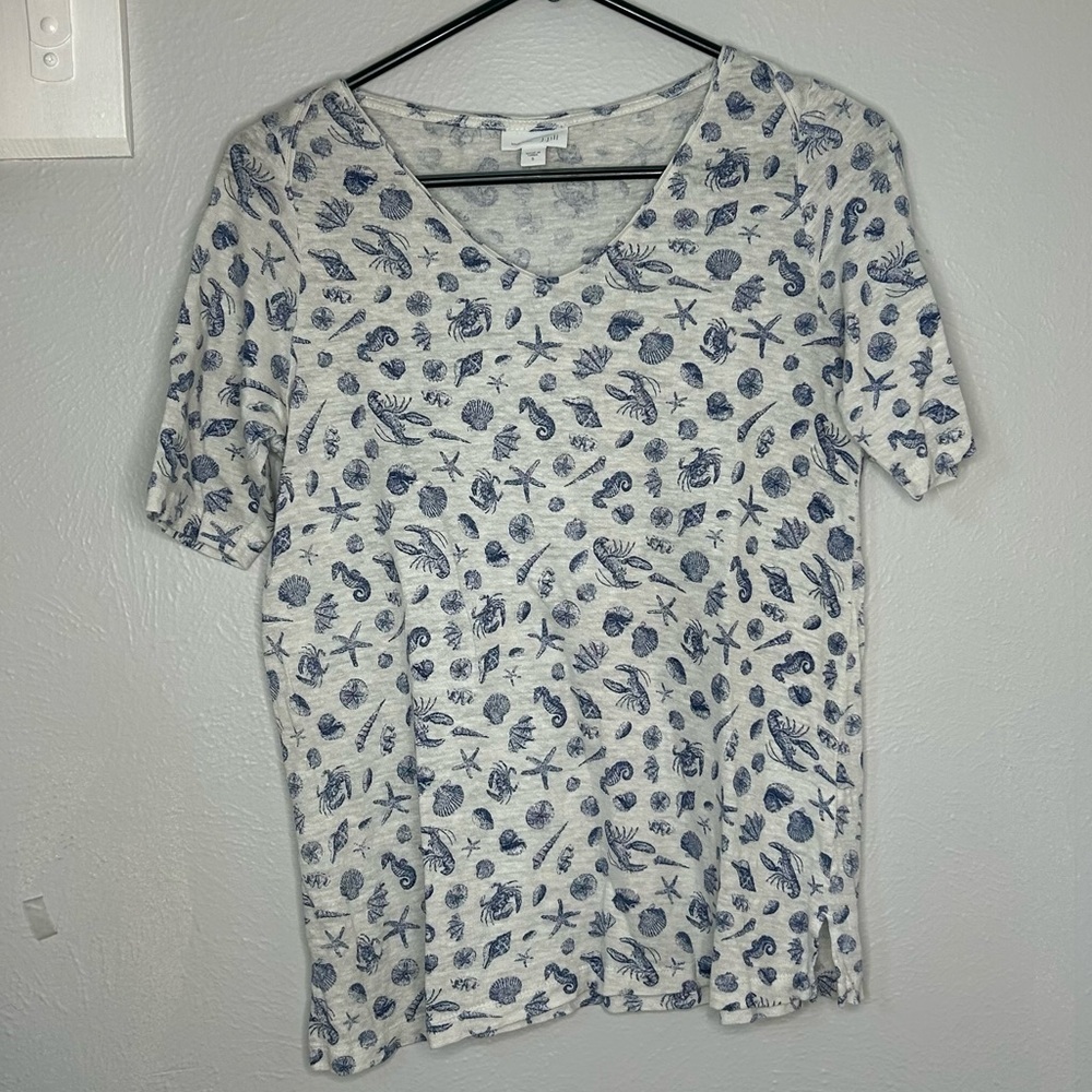 J Jill love linen sea shell printed tee beach short sleeve shirt top novelty